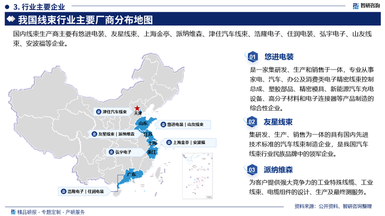 國內(nèi)線束生產(chǎn)商主要有悠進電裝、友星線束、上海金亭、派納維森、津住汽車線束、浩隆電子、住潤電裝、弘宇電子、山友線束、安波福等企業(yè)。其中悠進電裝是一家集研發(fā)、生產(chǎn)和銷售于一體，專業(yè)從事家電、汽車、辦公及消費類電子精密線束控制總成、塑膠部品、精密模具、新能源汽車充電設(shè)備、高分子材料和電子連接器等產(chǎn)品制造的綜合性企業(yè)。友星線束集研發(fā)、生產(chǎn)、銷售為一體的具有國內(nèi)先進技術(shù)標準的汽車線束制造企業(yè)，是我國汽車線束行業(yè)民族品牌中的領(lǐng)軍企業(yè)。派納維森為客戶提供強大競爭力的工業(yè)特殊線纜、工業(yè)線束、電纜組件的設(shè)計、生產(chǎn)及最終測服務。