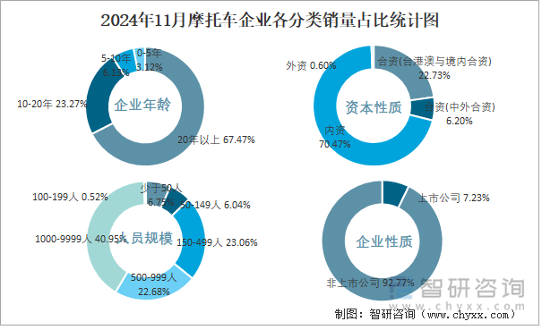 2024年11月摩托车企业各分类销量占比统计图