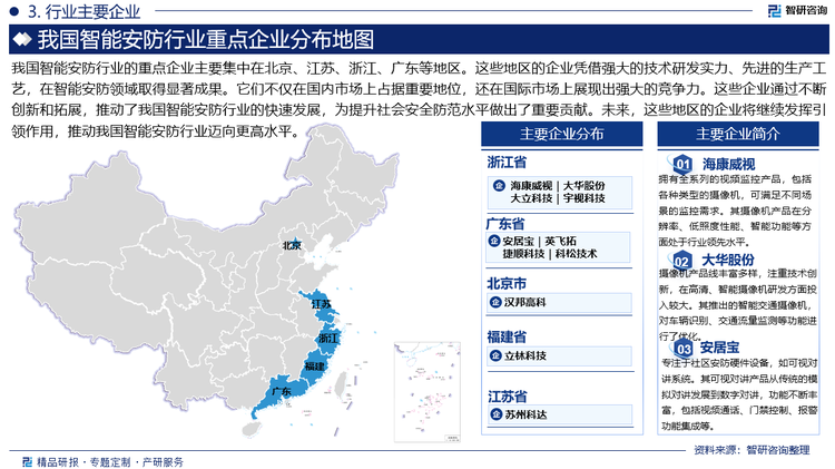 我国智能安防行业的重点企业主要集中在北京、江苏、浙江、广东等地区。这些地区的企业凭借强大的技术研发实力、先进的生产工艺，在智能安防领域取得显著成果。它们不仅在国内市场上占据重要地位，还在国际市场上展现出强大的竞争力。这些企业通过不断创新和拓展，推动了我国智能安防行业的快速发展，为提升社会安全防范水平做出了重要贡献。未来，这些地区的企业将继续发挥引领作用，推动我国智能安防行业迈向更高水平。