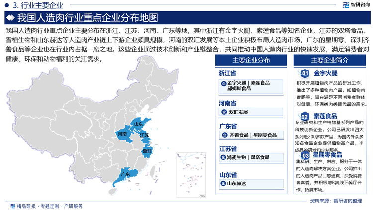 我國(guó)人造肉行業(yè)重點(diǎn)企業(yè)主要分布在浙江、江蘇、河南、廣東等地，其中浙江有金字火腿、素蓮食品等知名企業(yè)，江蘇的雙塔食品、雪榕生物和山東赫達(dá)等人造肉產(chǎn)業(yè)鏈上下游企業(yè)頗具規(guī)模，河南的雙匯發(fā)展等本土企業(yè)積極布局人造肉市場(chǎng)，廣東的星期零、深圳齊善食品等企業(yè)也在行業(yè)內(nèi)占據(jù)一席之地。這些企業(yè)通過(guò)技術(shù)創(chuàng)新和產(chǎn)業(yè)鏈整合，共同推動(dòng)中國(guó)人造肉行業(yè)的快速發(fā)展，滿足消費(fèi)者對(duì)健康、環(huán)保和動(dòng)物福利的關(guān)注需求。