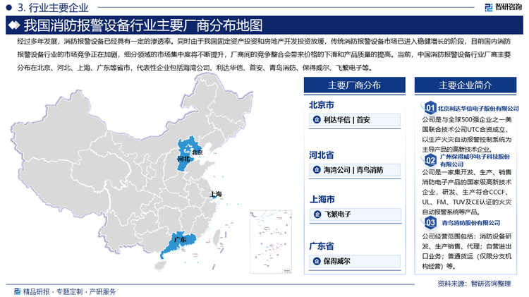 经过多年发展，消防报警设备已经具有一定的渗透率。同时由于我国固定资产投资和房地产开发投资放缓，传统消防报警设备市场已进入稳健增长的阶段，目前国内消防报警设备行业的市场竞争正在加剧，细分领域的市场集中度将不断提升，厂商间的竞争整合会带来价格的下滑和产品质量的提高。当前，中国消防报警设备行业厂商主要分布在北京、河北、上海、广东等省市，代表性企业包括海湾公司、利达华信、首安、青鸟消防、保得威尔、飞繁电子等。