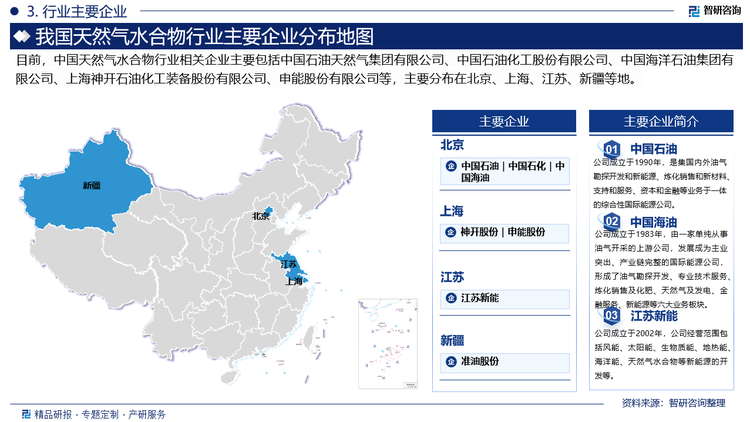 目前，中國(guó)天然氣水合物行業(yè)相關(guān)企業(yè)主要包括中國(guó)石油天然氣集團(tuán)有限公司、中國(guó)石油化工股份有限公司、中國(guó)海洋石油集團(tuán)有限公司、上海神開(kāi)石油化工裝備股份有限公司、申能股份有限公司等，主要分布在北京、上海、江蘇、新疆等地。