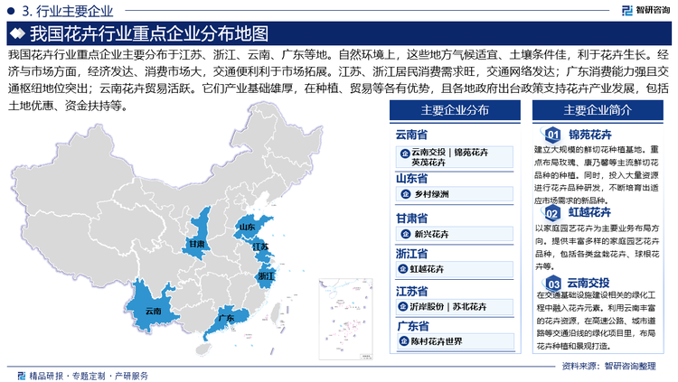 我國花卉行業(yè)重點(diǎn)企業(yè)主要分布于江蘇、浙江、云南、廣東等地。自然環(huán)境上，這些地方氣候適宜、土壤條件佳，利于花卉生長。經(jīng)濟(jì)與市場方面，經(jīng)濟(jì)發(fā)達(dá)、消費(fèi)市場大，交通便利利于市場拓展。江蘇、浙江居民消費(fèi)需求旺，交通網(wǎng)絡(luò)發(fā)達(dá)；廣東消費(fèi)能力強(qiáng)且交通樞紐地位突出；云南花卉貿(mào)易活躍。它們產(chǎn)業(yè)基礎(chǔ)雄厚，在種植、貿(mào)易等各有優(yōu)勢，且各地政府出臺政策支持花卉產(chǎn)業(yè)發(fā)展，包括土地優(yōu)惠、資金扶持等。