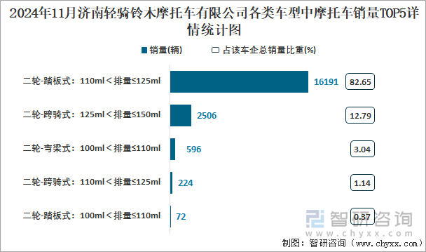 2024年11月濟(jì)南輕騎鈴木摩托車有限公司各類車型中摩托車銷量TOP5詳情統(tǒng)計圖