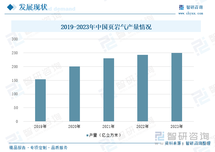 2019-2023年中国页岩气产量情况