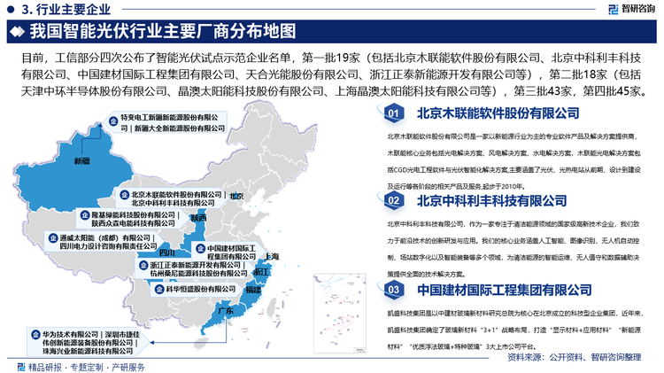 目前，工信部分四次公布了智能光伏试点示范企业名单，第一批19家（包括北京木联能软件股份有限公司、北京中科利丰科技有限公司、中国建材国际工程集团有限公司、天合光能股份有限公司、浙江正泰新能源开发有限公司等），第二批18家（包括天津中环半导体股份有限公司、晶澳太阳能科技股份有限公司、上海晶澳太阳能科技有限公司等），第三批43家，第四批45家。