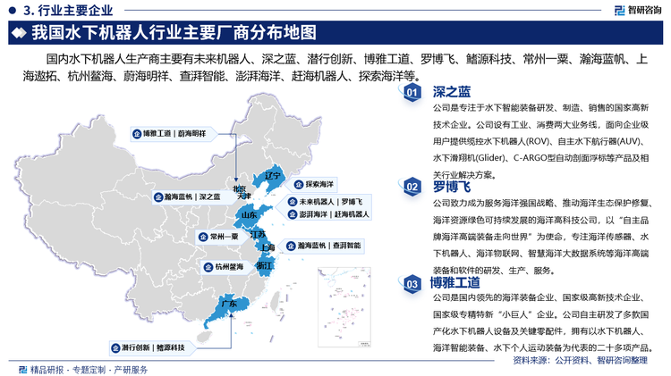 其中深之蓝是专注于水下智能装备研发、制造、销售的国家高新技术企业。公司设有工业、消费两大业务线，面向企业级用户提供缆控水下机器人(ROV)、自主水下航行器(AUV)、水下滑翔机(Glider)、C-ARGO型自动剖面浮标等产品及相关行业解决方案。罗博飞致力成为服务海洋强国战略、推动海洋生态保护修复、海洋资源绿色可持续发展的海洋高科技公司，以“自主品牌海洋高端装备走向世界”为使命，专注海洋传感器、水下机器人、海洋物联网、智慧海洋大数据系统等海洋高端装备和软件的研发、生产、服务。博雅工道是国内领先的海洋装备企业、国家级高新技术企业、国家级专精特新“小巨人”企业。公司自主研发了多款国产化水下机器人设备及关键零配件，拥有以水下机器人、海洋智能装备、水下个人运动装备为代表的二十多项产品。