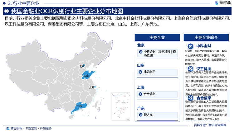 金融業(yè)OCR識別行業(yè)的競爭格局呈現(xiàn)出多元化競爭的特點。主要競爭者包括國際知名的技術(shù)公司和本地的金融科技企業(yè)。國際知名技術(shù)公司在全球范圍內(nèi)具有較高的知名度和技術(shù)實力，通過提供先進的OCR識別解決方案來鞏固市場地位。本地金融科技企業(yè)在本地市場具有較高的靈活性和適應(yīng)性，能夠更好地滿足本地客戶的需求，通過特色解決方案獲得市場份額。目前，行業(yè)內(nèi)相關(guān)企業(yè)主要包括深圳市銀之杰科技股份有限公司、北京中科金財科技股份有限公司、上海合合信息科技股份有限公司、漢王科技股份有限公司、商湯集團有限公司等。