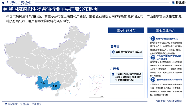 中国麻疯树生物柴油行业厂商主要分布在云南省和广西省，主要企业包括云南神宇新能源有限公司、广西南宁富民达生物能源科技有限公司、柳州明惠生物燃料有限公司等。