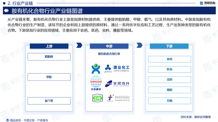 从产业链来看，胺有机化合物行业上游是指原材料提供商，主要提供脂肪醇、甲醇、氨气、以及其他原材料。中游是指胺有机化合物行业的生产制造，该环节的企业利用上游提供的原材料，通过一系列化学反应和工艺过程，生产出各种类型的胺有机化合物。下游是指行业的应用领域，主要应用于农药、医药、染料、橡胶等领域。