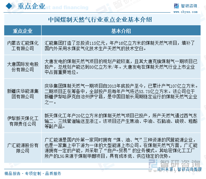 中国煤制天然气行业重点企业基本介绍