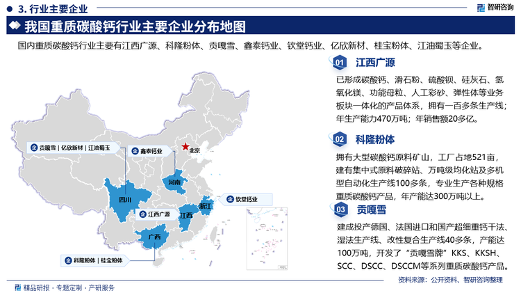 其中江西广源已形成碳酸钙、滑石粉、硫酸钡、硅灰石、氢氧化镁、功能母粒、人工彩砂、弹性体等业务板块一体化的产品体系，拥有一百多条生产线年生产能力470万吨;年销售额20多亿。科隆粉体拥有大型碳酸钙原料矿山，工厂占地521亩建有集中式原料破碎站、万吨级均化站及多机型自动化生产线100多条，专业生产各种规格重质碳酸钙产品，年产能达300万吨以上。贡嘎雪建成投产德国、法国进口和国产超细重钙干法，湿法生产线、改性复合生产线40多条，产能达100万吨，开发了“贡嘎雪牌”KKS、KKSH、SCC、DSCC、DSCCM等系列重质碳酸钙产品。