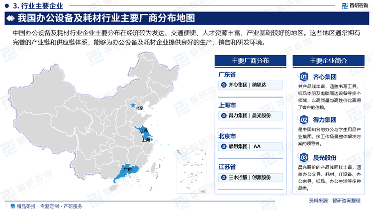 中国办公设备及耗材行业企业主要分布在经济较为发达、交通便捷、人才资源丰富、产业基础较好的地区。这些地区通常拥有完善的产业链和供应链体系，能够为办公设备及耗材企业提供良好的生产、销售和研发环境。