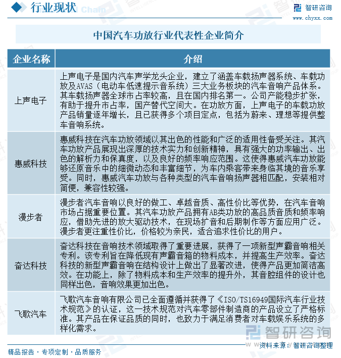 中國汽車功放行業(yè)代表性企業(yè)簡介