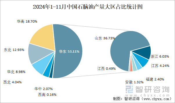 2024年1-11月中國石腦油產(chǎn)量大區(qū)占比統(tǒng)計(jì)圖