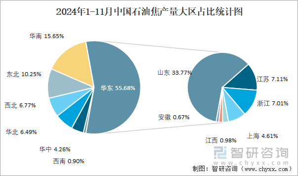 2024年1-11月中國(guó)石油焦產(chǎn)量大區(qū)占比統(tǒng)計(jì)圖