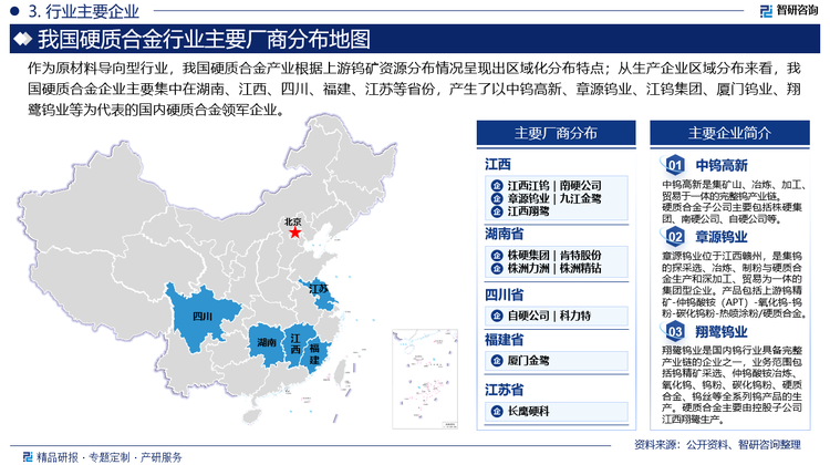 作为原材料导向型行业，我国硬质合金产业根据上游钨矿资源分布情况呈现出区域化分布特点；从生产企业区域分布来看，我国硬质合金企业主要集中在湖南、江西、四川、福建、江苏等省份，产生了以中钨高新、章源钨业、江钨集团、厦门钨业、翔鹭钨业等为代表的国内硬质合金领军企业。