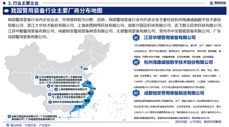 我国警用装备行业内企业众多，市场格局较为分散，目前，我国警用装备行业内代表企业主要包括杭州海康威视数字技术股份有限公司、浙江大华技术股份有限公司、上海依图网络科技有限公司、高新兴国迈科技有限公司、讯飞智元信息科技有限公司、江苏华顺警用装备有限公司、成都恒安警用装备制造有限公司、无畏警用装备有限公司、泉州市中呈智能装备有限公司、广东冠润警用装备有限公司、广东粤盾警用装备有限公司、江苏柯林警用装备制造有限公司、湖南吉泽警用装备科技有限公司、江苏力安警用装备制造有限公司等，其中，江苏华顺警用装备有限公司是国内专注从事警用装备行业，集科研、生产、销售于一体的专业性创新企业，公司旗下产品主要包括警用电动车、警用电动汽车、特种车辆、警用装备、警用服装、刑事科学技术装备、侦查勘察装备、反恐救援装备、防护装备、监狱械具、无人机及无人机反制装置、消防器材、道路交通指挥系统等。