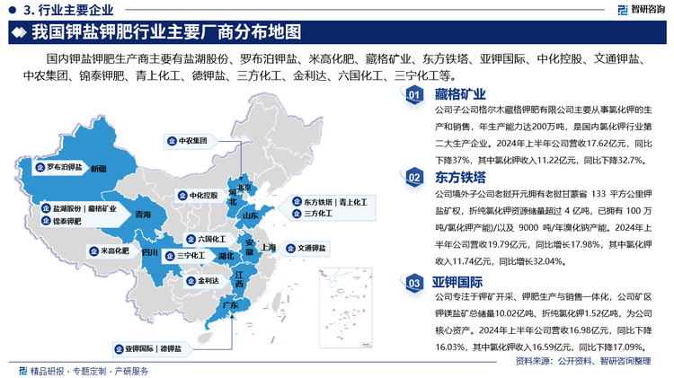 其中藏格矿业子公司格尔木藏格钾肥有限公司主要从事氯化钾的生产和销售，年生产能力达200万吨，是国内氯化钾行业第二大生产企业。2024年上半年公司营收17.62亿元，同比下降37%，其中氯化钾收入11.22亿元，同比下降32.7%。东方铁塔境外子公司老挝开元拥有老挝甘蒙省133平方公里钾盐矿权，折纯氯化钾资源储量超过4亿吨，已拥有100万吨/氯化钾产能)/以及9000吨/年溴化钠产能。2024年上半年公司营收19.79亿元，同比增长17.98%，其中氯化钾收入11.74亿元，同比增长32.04%。亚钾国际专注于钾矿开采、钾肥生产与销售一体化，公司矿区钾镁盐矿总储量10.02亿吨、折纯氯化钾1.52亿吨，为公司核心资产。2024年上半年公司营收16.98亿元，同比下降16.03%，其中氯化钾收入16.59亿元，同比下降17.09%。