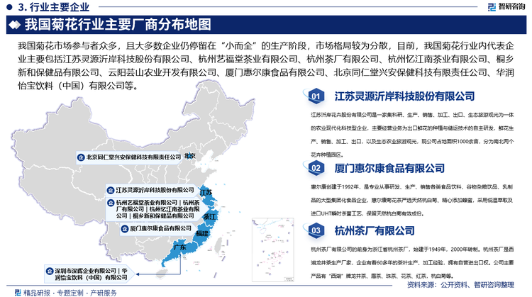 我国菊花市场参与者众多，且大多数企业仍停留在“小而全”的生产阶段，市场格局较为分散，目前，我国菊花行业内代表企业主要包括江苏灵源沂岸科技股份有限公司、杭州艺福堂茶业有限公司、杭州茶厂有限公司、杭州忆江南茶业有限公司、桐乡新和保健品有限公司、云阳芸山农业开发有限公司、深圳市深晖企业有限公司、厦门惠尔康食品有限公司、北京同仁堂兴安保健科技有限责任公司、华润怡宝饮料（中国）有限公司等，主要分布在广东、浙江等地。