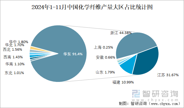 2024年1-11月中國化學(xué)纖維產(chǎn)量大區(qū)占比統(tǒng)計(jì)圖