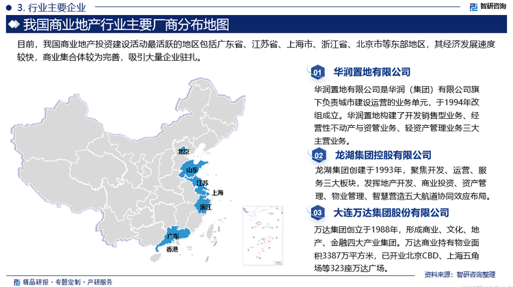 目前，我国商业地产投资建设活动最活跃的地区包括广东省、江苏省、上海市、浙江省、北京市等东部地区，其经济发展速度较快，商业集合体较为完善，吸引大量企业驻扎。近年来，我国商业地产龙头企业逐步由销售转向持有运营；叠加城镇化发展进入稳步增长阶段，企业投资拿地更加审慎。因此，轻资产管理模式越来越受到企业重视。大连万达商业管理集团股份有限公司、华润置地、保利地产、大悦城、龙湖集团、万科、招商蛇口、新城控股、太古地产等企业荣登2024年中国商业地产百强企业。