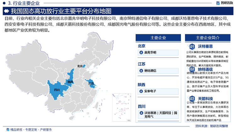 固态高功放产品技术含量较高，行业技术壁垒较高。目前，国内从事固态高功放产品业务的企业主要包括南京纳特通信电子有限公司、成都沃特塞恩电子技术有限公司、西安安泰电子科技有限公司、成都天箭科技股份有限公司、成都国光电气股份有限公司等。这些企业主要分布在西南地区，其中成都地区产业优势较为明显。此外，中国市场上还有许多其他国外企业参与竞争，这些企业在全球市场中占据主导地位。但随着国内企业不断加强技术创新，市场竞争力不断增强，国内企业的市场份额也在逐渐扩大。