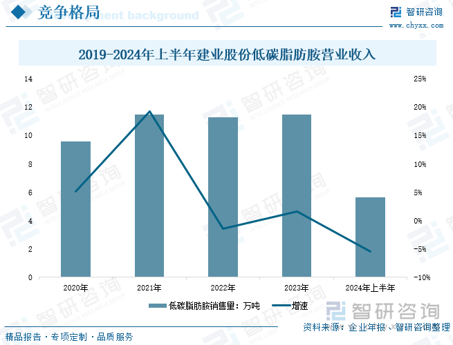 2019-2024年上半年建業(yè)股份低碳脂肪胺營業(yè)收入