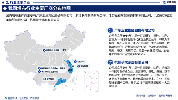 目前，墙布制造企业主要集中在传统纺织业发达的江浙地区，整体市场较为分散，多数企业规模偏小，自主研发设计能力较弱，产品质量参差不齐。由于墙布墙纸初期小规模加工制造的投资规模要求相对较低，从事墙纸墙布制造的企业数量众多，企业的产品同质化较为严重，部分企业主要聚焦于产品的低价推广，而忽视产品设计、质量控制、渠道建设等方面，造成了市场内产品质量参差不齐。未来伴随着生产规模和销售网络的持续扩展，行业内龙头公司在资金、品牌、项目管理等诸多方面优势明显，在墙面家装市场中市场份额持续扩大。而龙头企业的做大做强有助于行业规范化、标准化发展，其品牌的长期曝光也能提高墙布墙纸在墙面加装行业的影响力和整体竞争力。