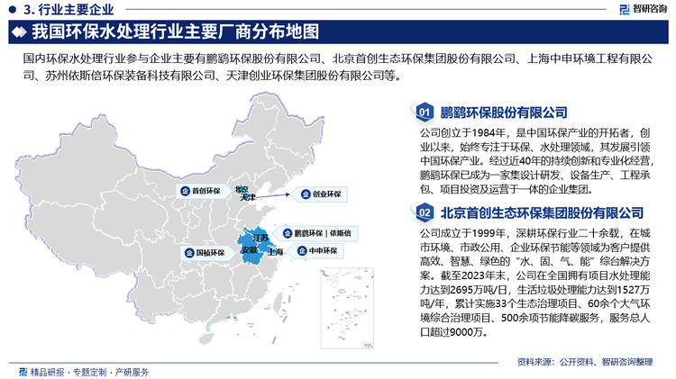 我国环保水处理行业主要竞争者是具有环保水处理业务的大型国有水务集团、外资水务集团等。其中国有水务集团以首创股份、创业环保为代表，外资水务集团以法国威立雅、苏伊士公司为代表。而单从环保水处理行业来看，单纯做环保水处理的企业规模均较小，行业内没有大型企业，以中小型企业为主。