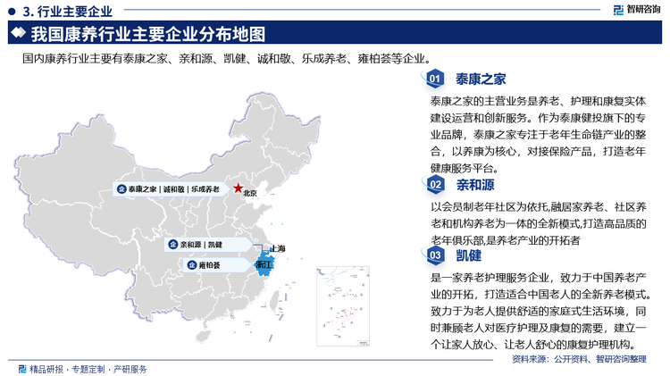 其中泰康之家的主营业务是养老、护理和康复实体建设运营和创新服务。作为泰康健投旗下的专业品牌，泰康之家专注于老年生命链产业的整合，以养康为核心，对接保险产品，打造老年健康服务平台。亲和源以会员制老年社区为依托,融居家养老、社区养老和机构养老为一体的全新模式,打造高品质的老年俱乐部,是养老产业的开拓者。凯健是一家养老护理服务企业，致力于中国养老产业的开拓，打造适合中国老人的全新养老模式致力于为老人提供舒适的家庭式生活环境，同时兼顾老人对医疗护理及康复的需要，建立一个让家人放心、让老人舒心的康复护理机构。