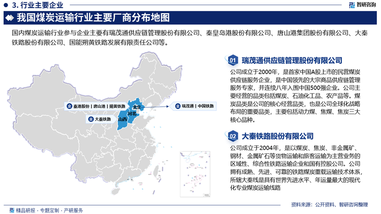 由于煤炭在我国具备煤炭供应与需求地理区域上的显著差异，决定了煤炭运输的重要性，煤炭储运企业参与矿区上的短驳运输，到终端客户的销售物流，在煤炭流通的整个环节扮演着重要的角色。按照企业性质不同，煤炭储运企业主要有、大型煤企下属物流子公司、大型民营煤炭物流企业、中小型第三方物流公司，其中大型煤企控股或者合资的大型物流企业，主要为煤企提供综合性物流服务，包含煤炭开采、销售、运输等一体化服务，运输主要以自建煤炭运输铁路为主。整体来看，目前中国煤炭物流行业市场竞争激烈，头部企业具有较强市场话语权，如瑞茂通、秦港股份、大秦铁路等。