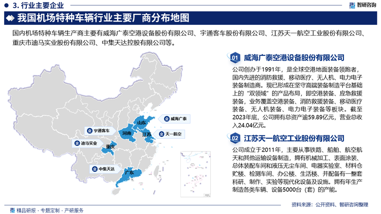 相对于发达国家，我国民航产业发展起步相对较晚，中国的机场数量、覆盖面积依然相对较小，机场特种车辆行业规模也偏小。同时由于行业存在较大的区域性，以及仍显著存在的跨区域经营的隐形壁垒，行业内企业众多，规模普遍较小，竞争力较弱，技术研发实力与产品更新不能很好的满足市场需求，在国内与国际市场上的竞争力还相对较弱。但随着我国特种车辆核心零部件生产技术逐步被攻破，国产车辆凭借性价比、维护便利等优势在中国市场上脱颖而出，涌现一批包括威海广泰、天一股份、宇通客车、迪马股份、深圳达航等领先全国的国产制造商，通过创新能力、专利研发迅速打开国内市场，占据一定的市场份额。