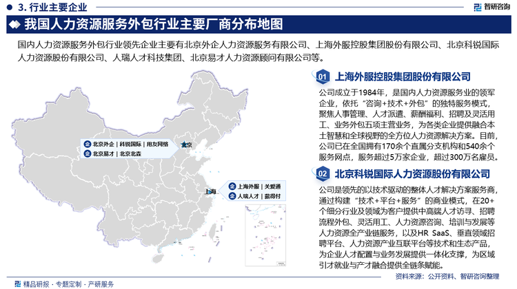 当前中国的人力资源服务外包企业数目众多、规模小。同时，这些小企业没有形成以中国企业为主导的价值链。内部产业链的畸形化导致及企业间产品的同质化程度较高，企业之间的竞争大于协作，中小企业之间常常出现恶性的市场竞争。目前低端领域市场竞争极为激烈，中高端市场竞争相对缓和。按照各自背景不同，我国人力资源服务外包机构的类型主要包括民营企业、外资及港澳台资企业、国有企业、民办非企业及公共服务机构。其中，处于领先地位的企业主要由北京外企人力资源服务有限公司、上海外服控股集团股份有限公司、北京科锐国际人力资源股份有限公司、人瑞人才科技集团、北京易才人力资源顾问有限公司等。