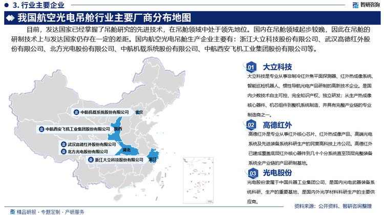 其中，大立科技的主要业务涵盖红外及光电类产品和巡检机器人类产品两大领域。大立科技是红外热成像领域具有国际竞争力的本土企业之一，产品广泛应用于国防高技术、工业过程监测和民用消费等领域。在民品领域，大立科技利用在红外测温领域的技术优势，不断巩固电力、石化等行业的优势，还积极开拓在个人消费、辅助驾驶、安防监控等领域的应用，努力实现低成本应用；在装备领域，大立科技不断拓宽红外应用场景，紧贴用户需求持续优化产品结构，实现了侦察监视、探测跟踪、火控制导等多场景应用，近年还成功开拓了光电惯性导航和航空光电系统产品领域。2023年大立科技红外及光电类产品实现营业收入2.12亿元，占总营收的3.45%。