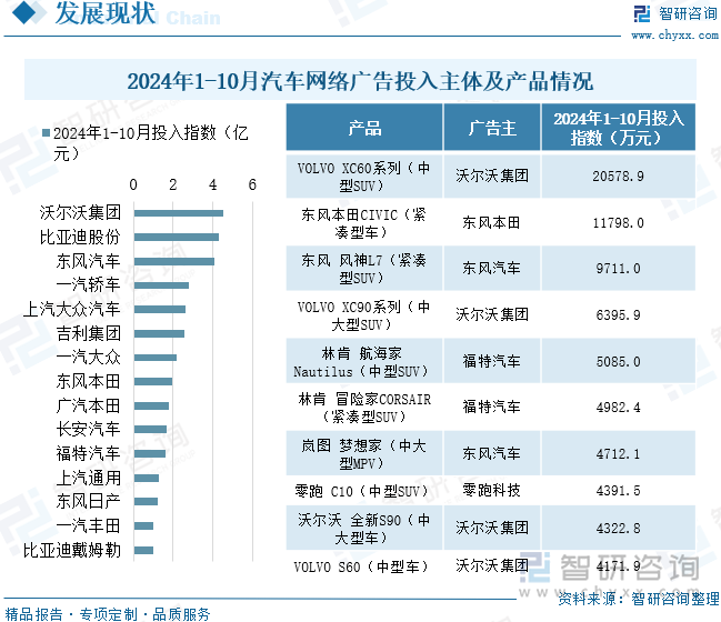 2024年1-10月汽車網(wǎng)絡(luò)廣告投入主體及產(chǎn)品情況