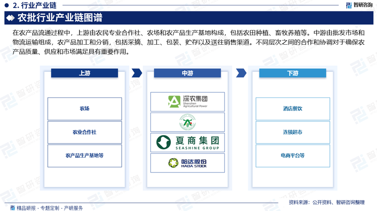 在农产品流通过程中，农户和农业合作社生产农产品，商贩收购后卖给批发商，批发商通过经销商和物流企业进行运输，仓储服务企业和物流企业负责农产品储存和运输，销售渠道包括餐饮店、超市、农贸市场和线上平台，传统销售与线上渠道相结合，不断拓宽农产品流通网络。农产品市场上中下游层次之间相互关联，构成了农产品供应链。上游由农民专业合作社、农场和农产品生产基地构成，包括农田种植、畜牧养殖等。中游由批发市场和物流运输组成，农产品加工和分销，包括采摘、加工、包装、贮存以及送往销售渠道。不同层次之间的合作和协调对于确保农产品质量、供应和市场满足具有重要作用。