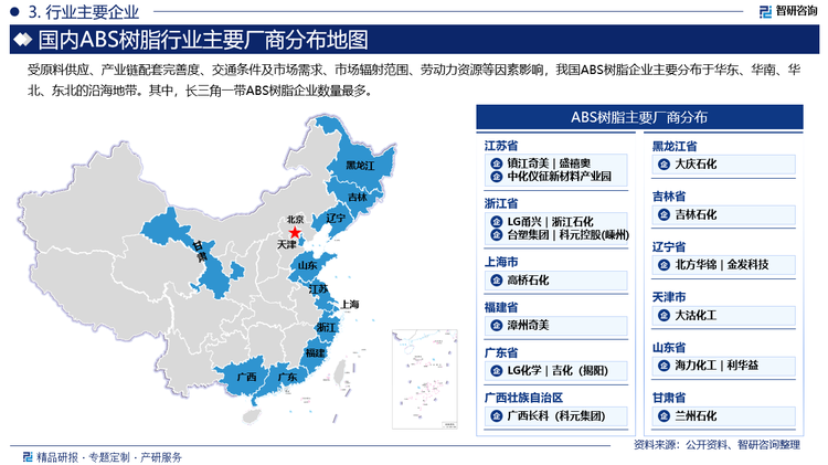 受原料供应、产业链配套完善度、交通条件及市场需求、市场辐射范围、劳动力资源等因素影响，我国ABS树脂企业主要分布于华东、华南、华北、东北的沿海地带。其中，长三角一带ABS树脂企业数量最多。