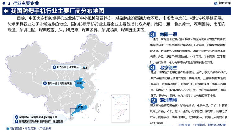 目前，中国大多数防爆手机企业处于中小规模经营状态，对品牌建设重视力度不足，市场集中度低。相比传统手机发展，防爆手机行业处于非常劣势的地位。国内防爆手机行业主要企业主要包括北方永邦、南阳一通、北京德兰、深圳固特、南阳安瑞通、深圳征服、深圳遨游、北京德兰、深圳凯威德、深圳多科、深圳冠群、深圳鑫王牌等。