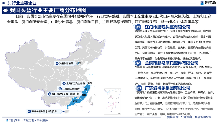 目前，我国头盔市场主要存在国内外品牌的竞争，行业竞争激烈。我国本土企业主要包括佛山市南海永恒头盔制造有限公司（永恒YOHE）、上海和汇安全用品有限公司（Tanked Racing）、厦门创见安全帽有限公司（SHOEl、AGV）、广州锐传贸易有限公司（瑞狮ZEUS）、厦门高驰工贸有限公司（SOL）、兰溪巿野马摩托配件有限公司（野马YEMA）、广东爱得乐集团有限公司（爱得乐ADLO）、江门市鹏程头盔有限公司（LS2）、洪进(北京）体育用品有限公司（HJC）等。