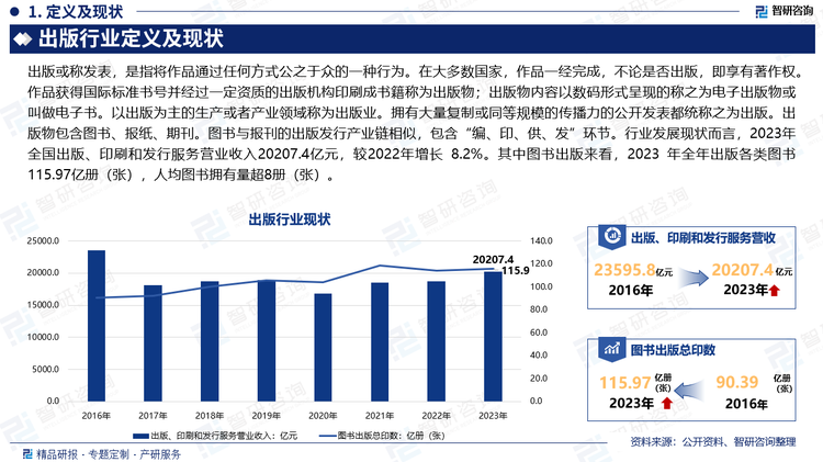 出版或称发表，是指将作品通过任何方式公之于众的一种行为。在大多数国家，作品一经完成，不论是否出版，即享有著作权。作品获得国际标准书号并经过一定资质的出版机构印刷成书籍称为出版物；出版物内容以数码形式呈现的称之为电子出版物或叫做电子书。以出版为主的生产或者产业领域称为出版业。拥有大量复制或同等规模的传播力的公开发表都统称之为出版。出版物包含图书、报纸、期刊。图书与报刊的出版发行产业链相似，包含“编、印、供、发”环节。行业发展现状而言，2023年全国出版、印刷和发行服务营业收入20207.4亿元，较2022年增长 8.2%。其中图书出版来看，2023 年全年出版各类图书115.97亿册（张），人均图书拥有量超8册（张）。