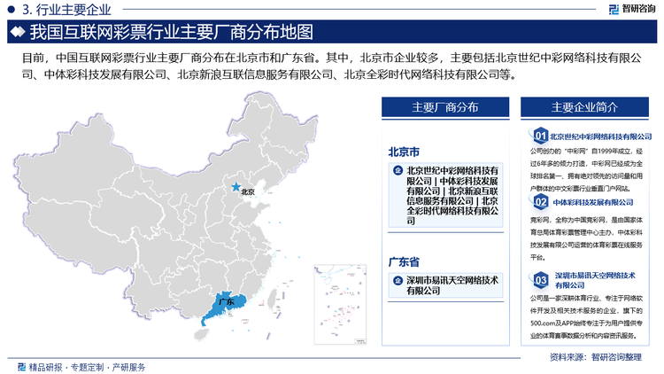 目前，中国互联网彩票行业主要厂商分布在北京市和广东省。其中，北京市企业较多，主要包括北京世纪中彩网络科技有限公司、中体彩科技发展有限公司、北京新浪互联信息服务有限公司、北京全彩时代网络科技有限公司等。