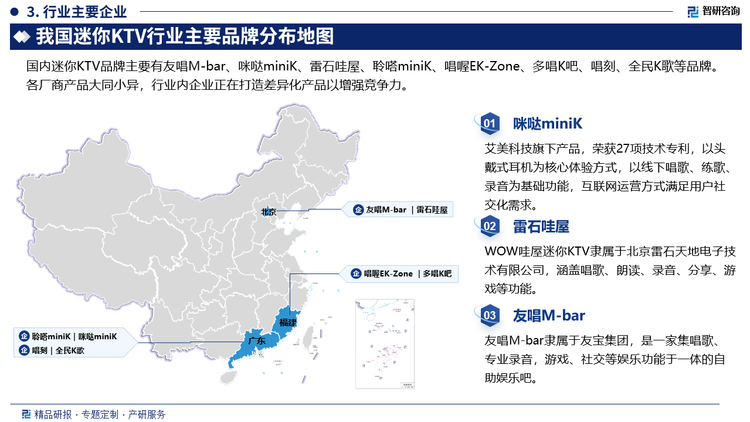 国内迷你KTV品牌主要有友唱Mbar、咪哒miniK、雷石哇屋、聆嗒miniK、唱喔EK-Zone、多唱K吧、唱刻、全民等品牌。各厂商产品大同小异，因此行业内企业正在打造差异化产品，提高自身的竞争力。迷你KTV品牌也会借助互联网和社交媒体平台，开展线上活动，增加用户参与度和品牌曝光度。