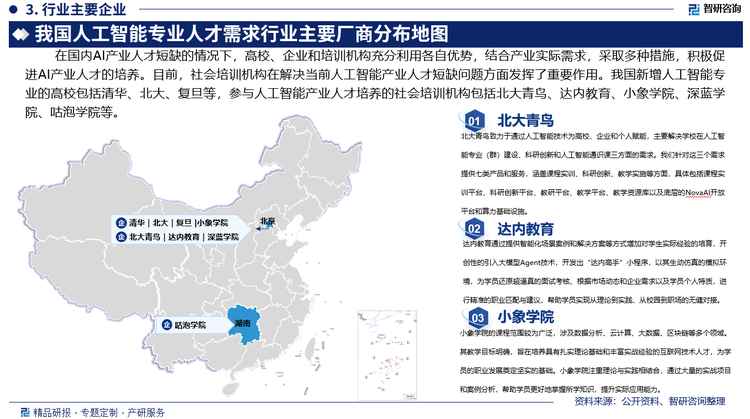 目前，社会培训机构在解决当前人工智能产业人才短缺问题方面发挥了重要作用。政府也在大力推动全民智能教育，并明确支持社会机构进行人工智能培训。目前，参与人工智能产业人才培养的社会培训机构包括北大青鸟、达内教育、象学院、深蓝学院、咕泡学院等。