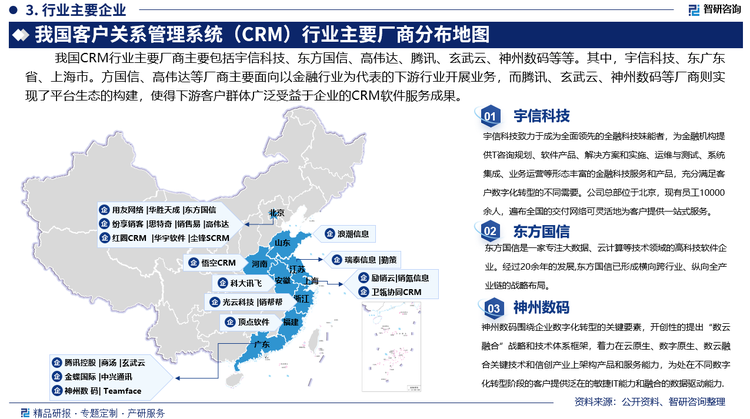 由于我国东部地区软件信息服务业较为完善，我国CRM行业上市企业以及代表性非上市企业主要分布在我国东部地区，尤其北京市CRM产业布局最为完善，其次为广东省、上海市。我国CRM行业主要厂商主要包括宇信科技、东方国信、高伟达、腾讯、玄武云、神州数码等等。