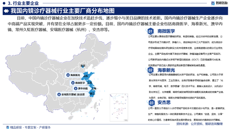 内镜诊疗器械涉及多种术式，产品需求丰富多样。内镜微创诊疗器械的高端市场目前虽然仍以美日品牌为主，市场主要由波士顿科学、奥林巴斯、库克医疗等企业占据。目前，中国内镜诊疗器械企业在加快技术追赶步伐，逐步缩小与美日品牌的技术差距。国内内镜诊疗器械生产企业逐步向中高端产品实现突破，并有望在全球占据更多一定份额。目前，国内内镜诊疗器械主要企业包括南微医学、海泰新光、澳华内镜、常州久虹医疗器械、安瑞医疗器械（杭州）、安杰思等。其中，南微医学内镜诊疗器械全球市占率达到2.4%。