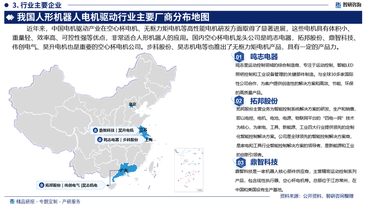 近年来，中国电机驱动产业在空心杯电机、无框力矩电机等高性能电机研发方面取得了显著进展，这些电机具有体积小、重量轻、效率高、可控性强等优点，非常适合人形机器人的应用。国内空心杯电机龙头公司是鸣志电器，拓邦股份、鼎智科技、伟创电气、昊升电机也是重要的空心杯电机公司。步科股份、昊志机电等也推出了无框力矩电机产品，具有一定的产品力。