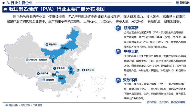 其中皖维高新主营业务为聚乙烯醇（PVA）及其衍生产品的研发、生产和销售，年产35万吨聚乙烯醇（PVA)。2024年上半年公司营收38.71亿元，同比下降15.15%，其中聚乙烯醇业务收入为10.7亿元，同比下降16.02%。宁夏大地PVA分公司生产技术力量雄厚，主要产品有聚乙烯醇、醋酸乙烯、醋酸甲酯、乙醛。其中主导产品聚乙烯醇品种齐全，涵盖聚合度为300～3000、醇解度为75～100不同规格的产品，外形主导片状颗粒，亦可提供10-120目的粉末。双欣环保是一家专业从事聚乙烯醇（PVA）、聚乙烯醇特种纤维、醋酸乙烯（VAC）、碳化钙（电石）等PVA产业链上下游产品的研发、生产、销售的高新技术企业，拥有聚乙烯醇全产业链布局。