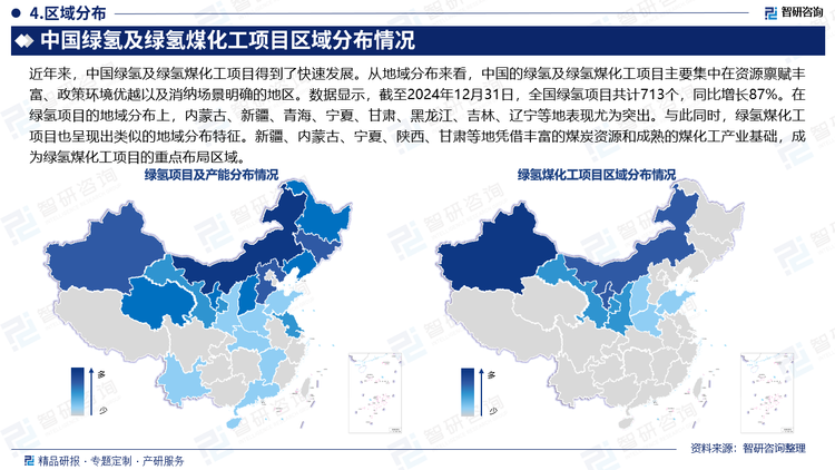 近年来，中国绿氢及绿氢煤化工项目得到了快速发展。从地域分布来看，中国的绿氢及绿氢煤化工项目主要集中在资源禀赋丰富、政策环境优越以及消纳场景明确的地区。数据显示，截至2024年12月31日，全国绿氢项目共计713个，同比增长87%。在绿氢项目的地域分布上，内蒙古、新疆、青海、宁夏、甘肃、黑龙江、吉林、辽宁等地表现尤为突出。与此同时，绿氢煤化工项目也呈现出类似的地域分布特征。新疆、内蒙古、宁夏、陕西、甘肃等地凭借丰富的煤炭资源和成熟的煤化工产业基础，成为绿氢煤化工项目的重点布局区域。