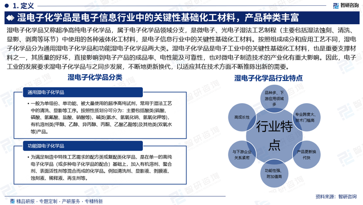 濕電子化學(xué)品又稱超凈高純電子化學(xué)品，屬于電子化學(xué)品領(lǐng)域分支，是微電子、光電子濕法工藝制程（主要包括濕法蝕刻、清洗、顯影、剝離等環(huán)節(jié)）中使用的各種液體化工材料，是電子信息行業(yè)中的關(guān)鍵性基礎(chǔ)化工材料。按照組成成分和應(yīng)用工藝不同，濕電子化學(xué)品分為通用濕電子化學(xué)品和功能濕電子化學(xué)品兩大類。濕電子化學(xué)品是電子工業(yè)中的關(guān)鍵性基礎(chǔ)化工材料，也是重要支撐材料之一，其質(zhì)量的好壞，直接影響到電子產(chǎn)品的成品率、電性能及可靠性，也對(duì)微電子制造技術(shù)的產(chǎn)業(yè)化有重大影響。因此，電子工業(yè)的發(fā)展要求濕電子化學(xué)品與之同步發(fā)展，不斷地更新?lián)Q代，以適應(yīng)其在技術(shù)方面不斷推陳出新的需要。